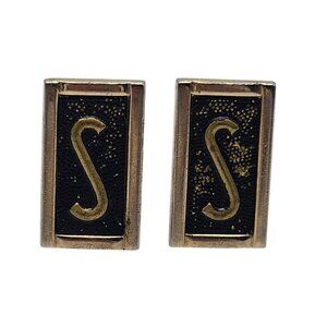 SWANK Monogram Gold Black Enamel Cufflinks With "S" Initial Vintage
